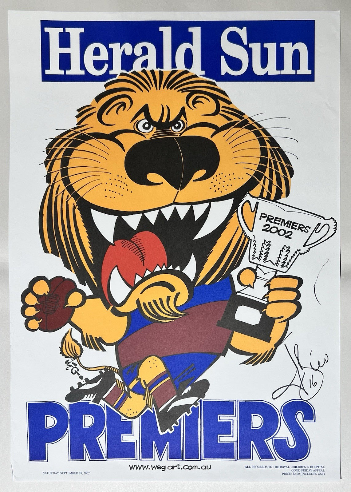2002 Brisbane Lions WEG / Herald Sun Premiers Poster.Signed Jonathan Brown #16