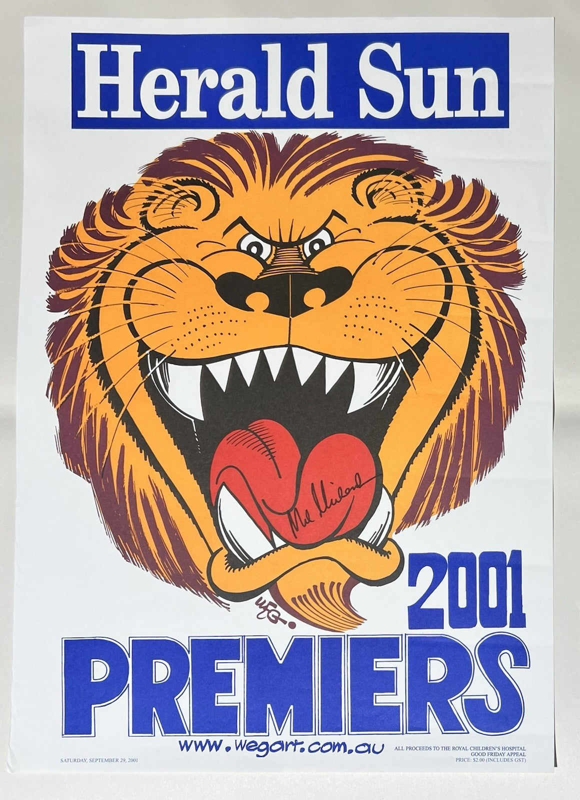 2001 Brisbane Lions WEG / Herald Sun Premiers Poster. Signed Mal Michael #15