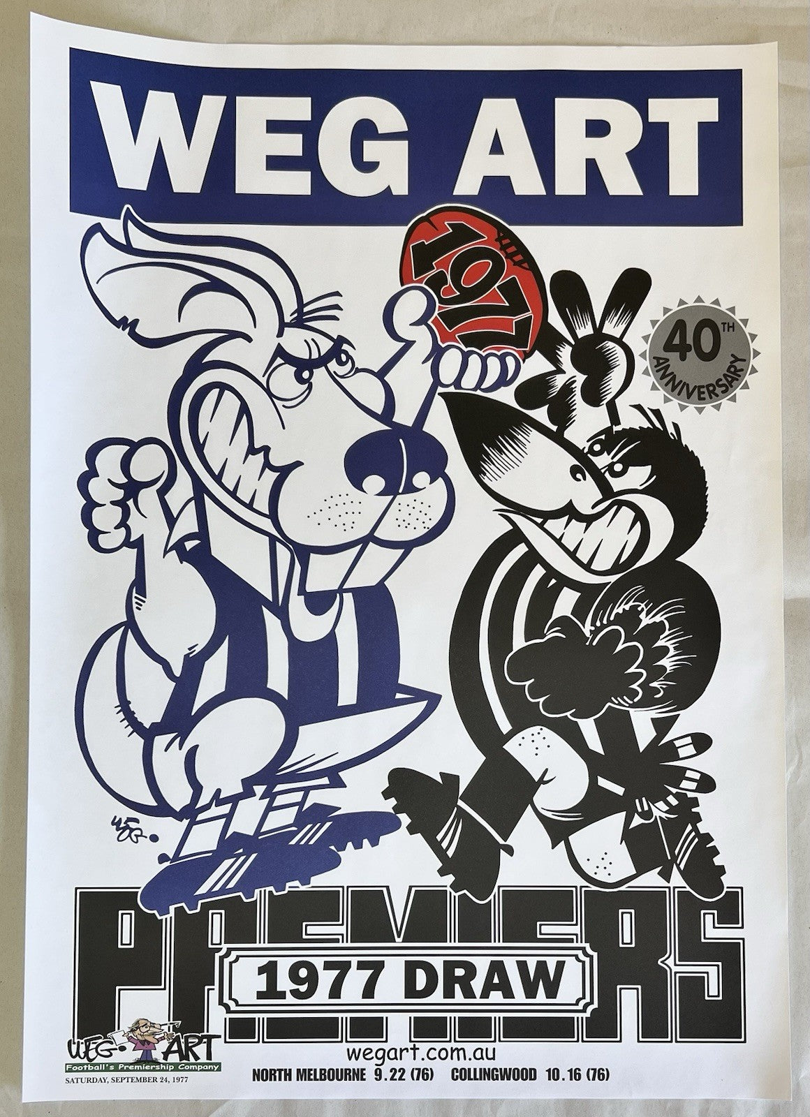 1977 WegArt Draw Poster North Melbourne Kangaroos/Collingwood Magpies WEG