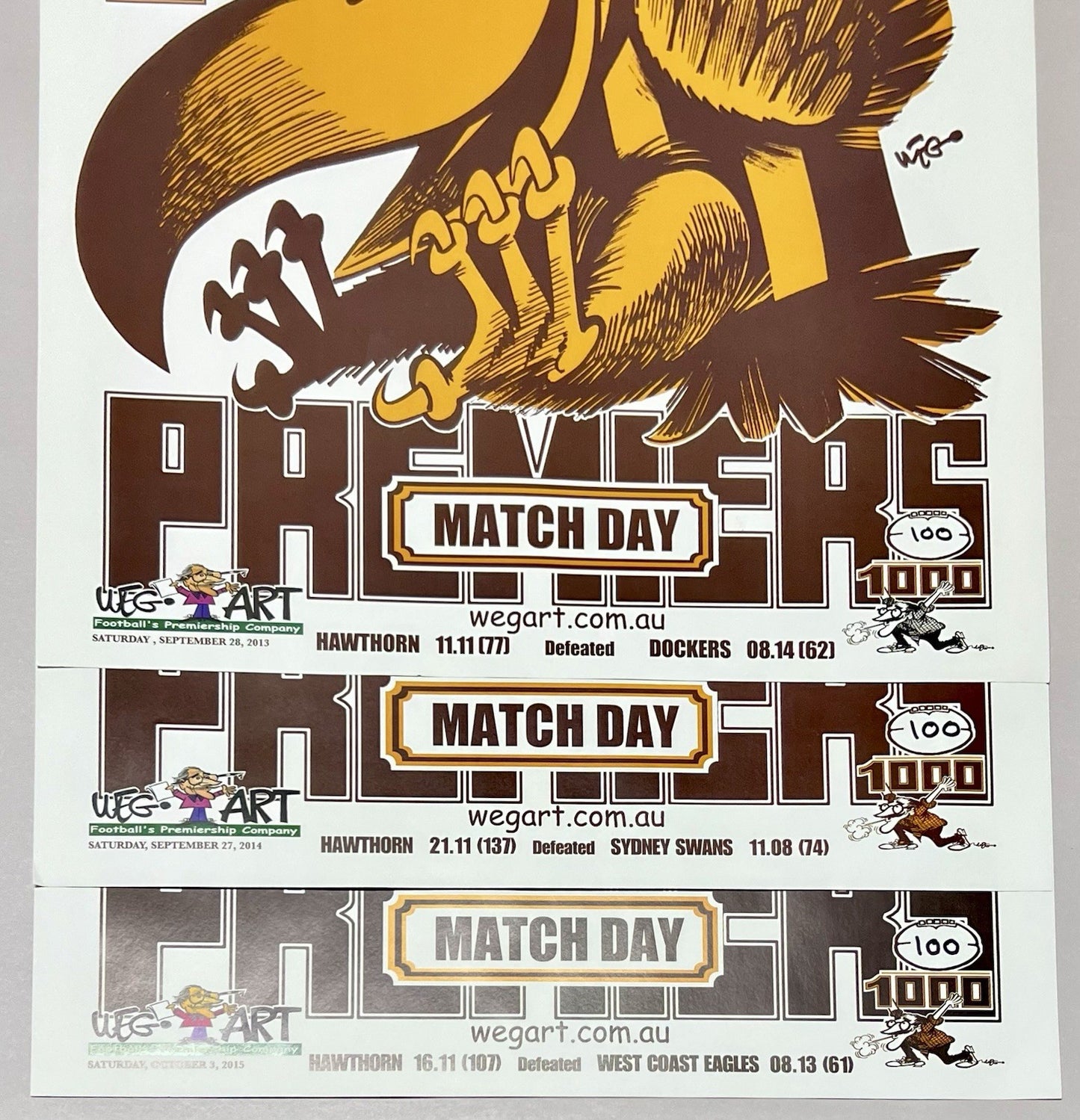 2013, 2014 & 2015 Hawthorn Hawks Weg Art Premiers Posters Limited Ed #100/750