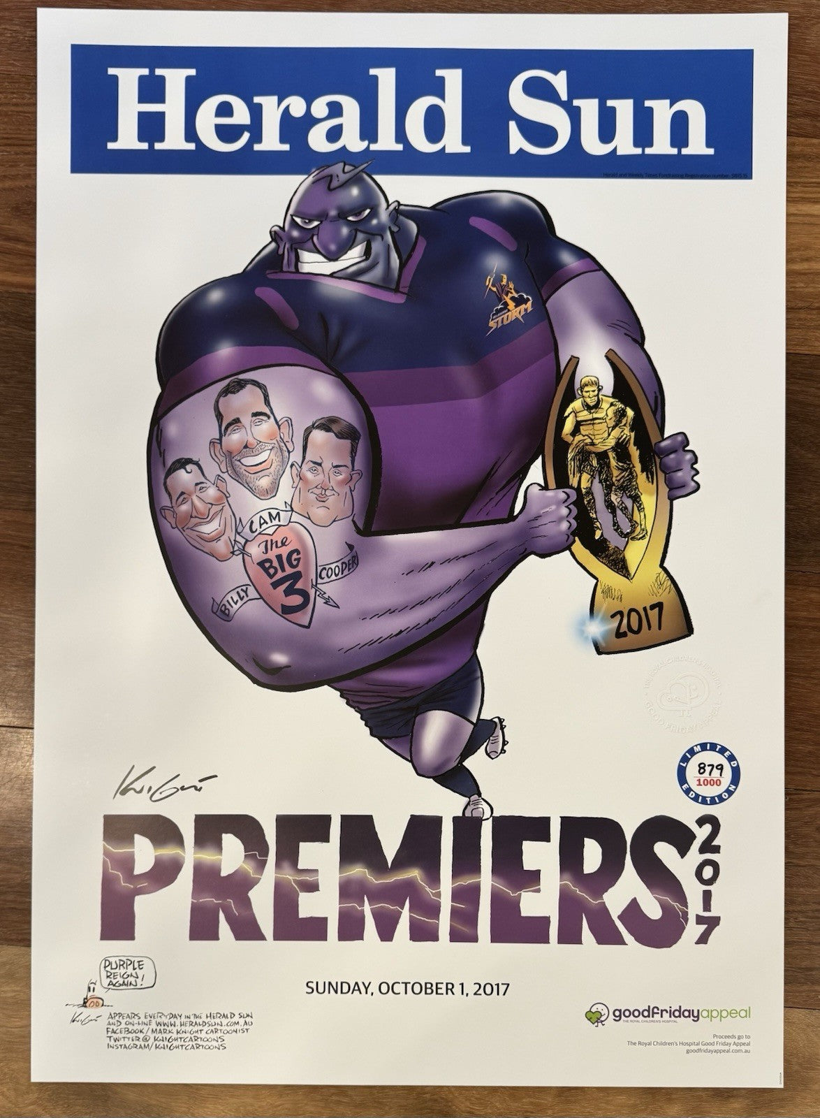 2017 Melbourne Storm Limited Edition Premiers Poster Herald Sun #879 of 1000