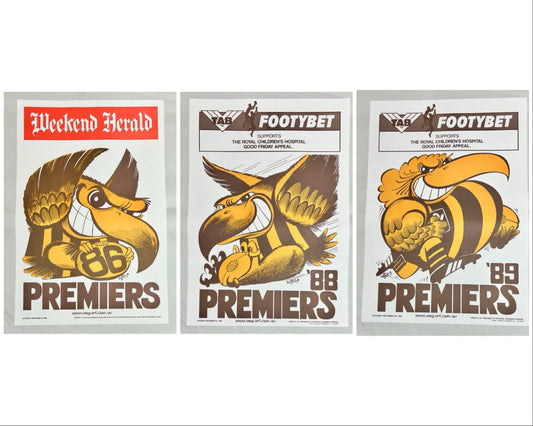 1986, 1988 & 1989 Hawthorn Hawks WEG Premiers Posters - REPRINTS