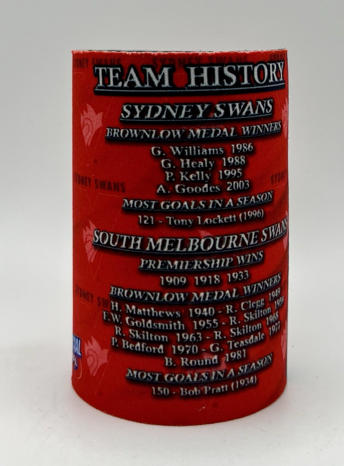 Vintage AFL Stubby Holder/Can Cooler Sydney Swans Team History