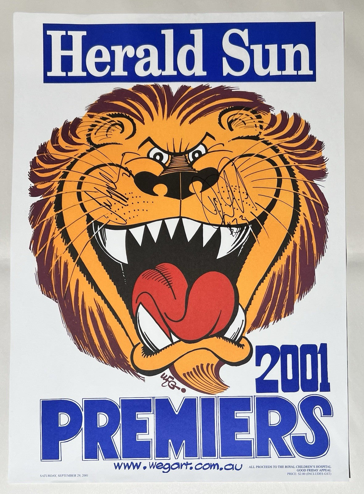 2001 Brisbane Lions WEG / Herald Sun Premiers Poster.Signed Justin Leppitsch #23