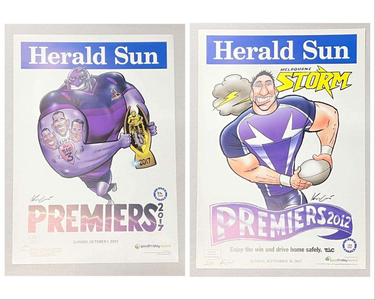 2012 & 2017 Melbourne Storm Lt Ed Premiers Poster Herald Sun #434 & #876