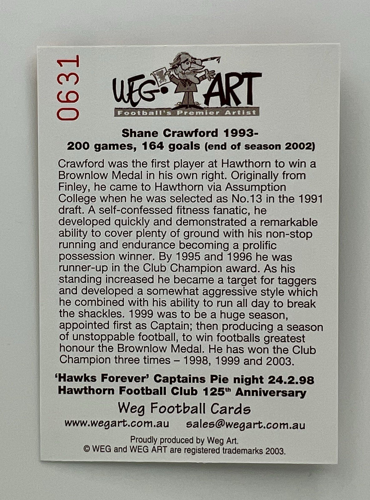 WegArt Hawthorn Hawks Captains Cards 17 card set