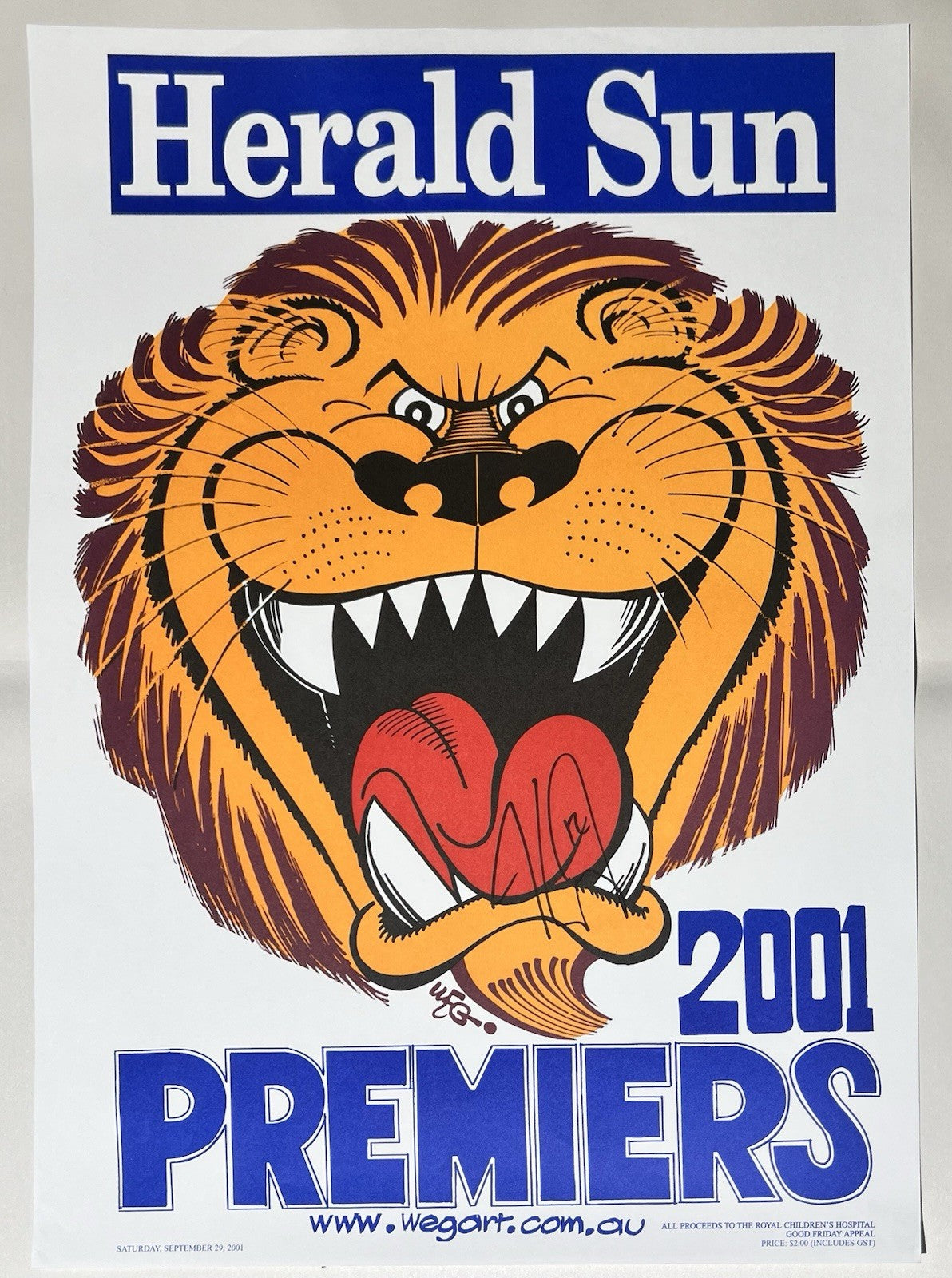 2001 Brisbane Lions WEG / Herald Sun Premiers Poster.Signed Jason Akermanis #12