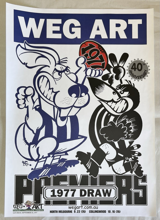1977 WegArt Draw Poster North Melbourne Kangaroos/Collingwood Magpies WEG
