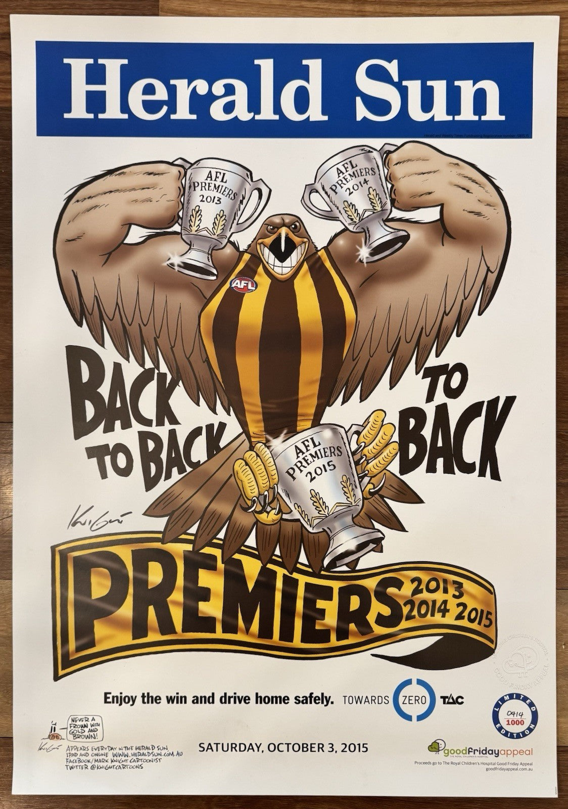 2015 Hawthorn Hawks Limited Edition Premiers Poster Herald Sun #414