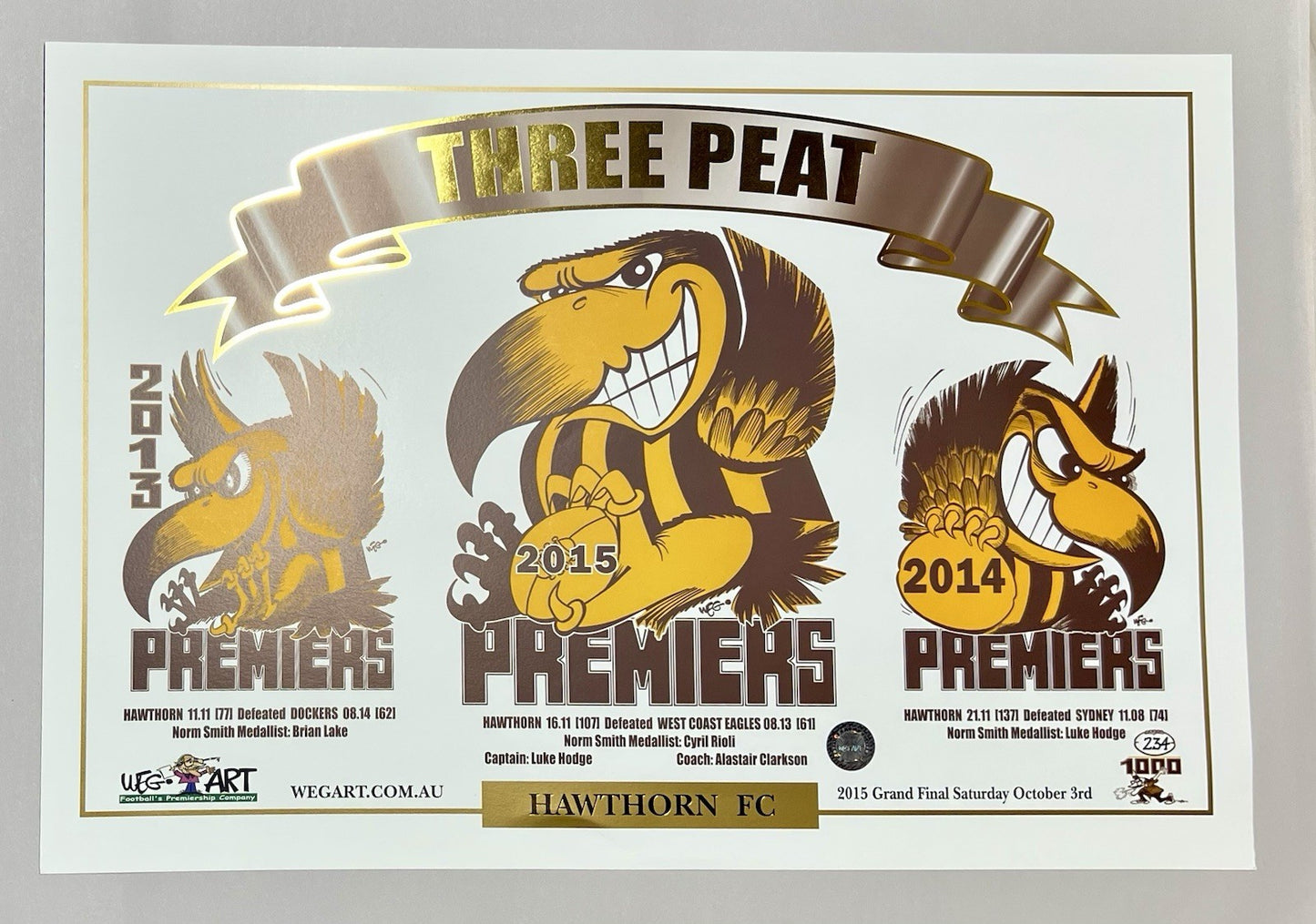 Hawthorn Hawks Three Peat WegArt Ltd Ed #234/1000 2013, 2014 & 2015 Premierships